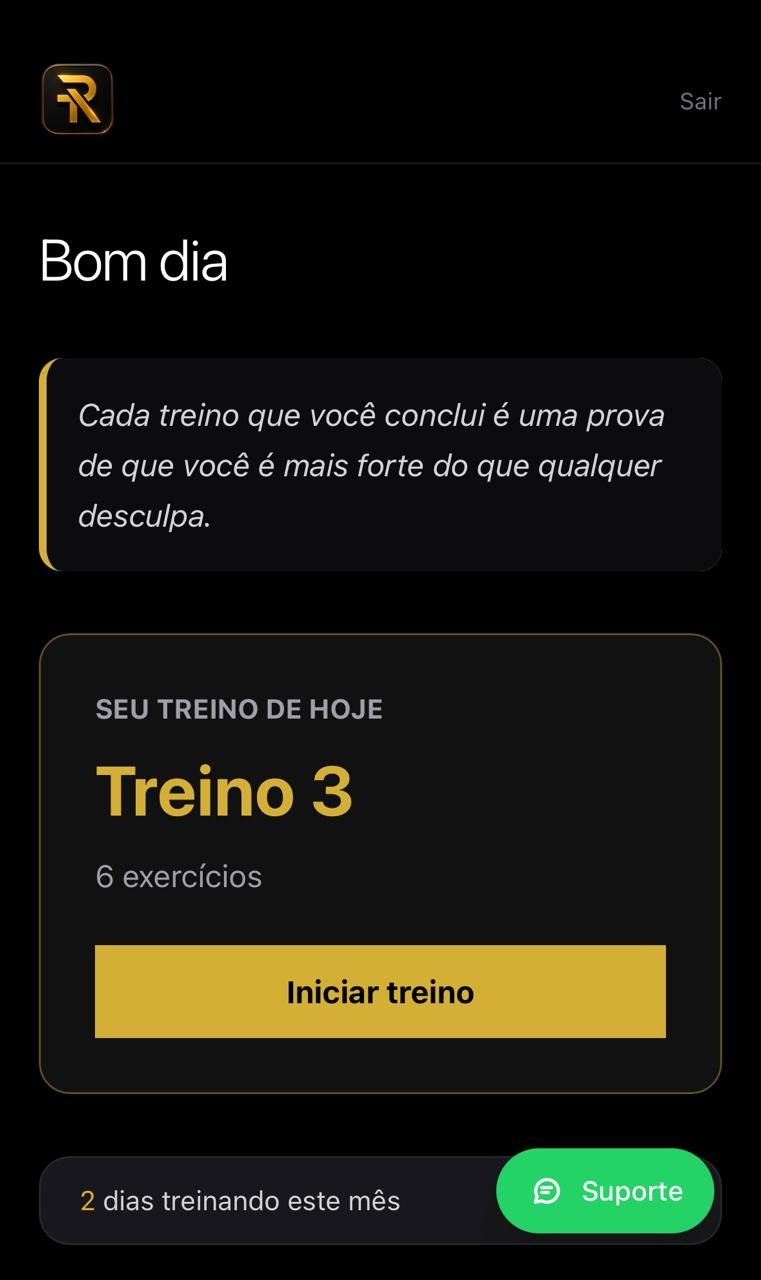 Tela inicial do app com saudação e treino do dia
